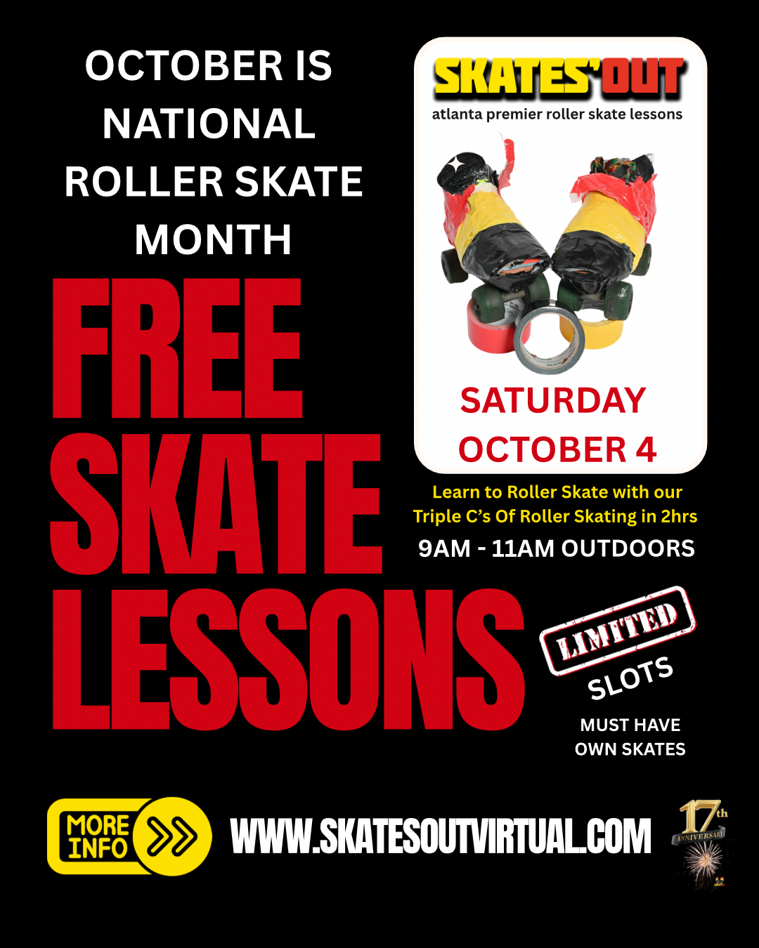 OCTOBER IS NATIONAL ROLLER SKATE MONTH FREE ROLLER SKATE LESSONS SATURDAY OCT 4, 2025