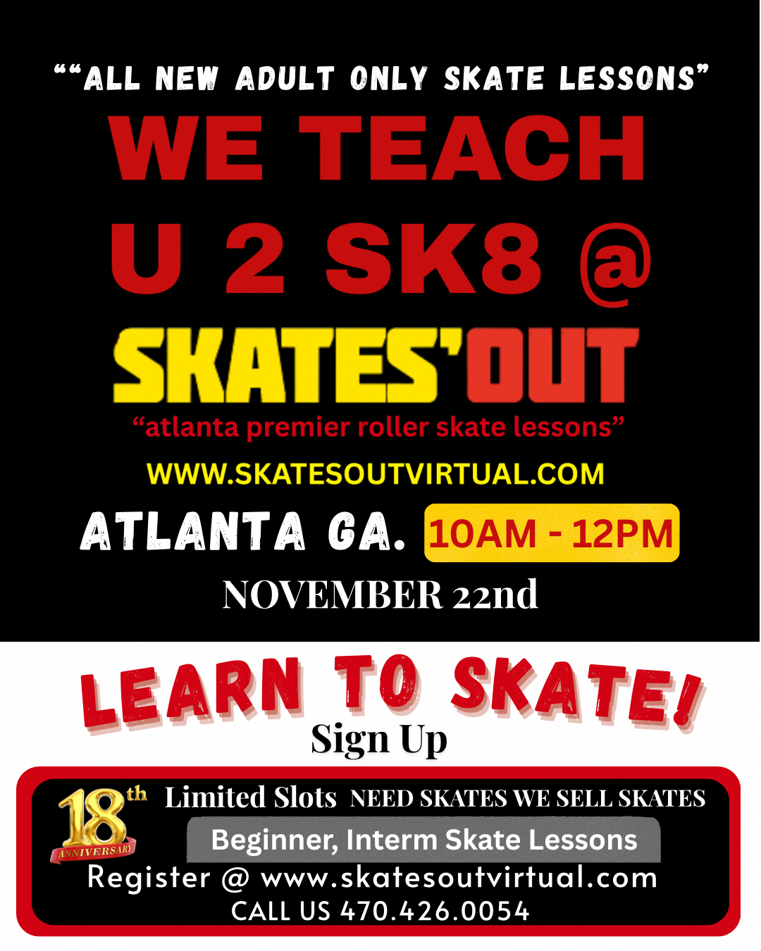 NEW Adult ONLY Roller Skate Lesson in Atlanta, GA | November 22