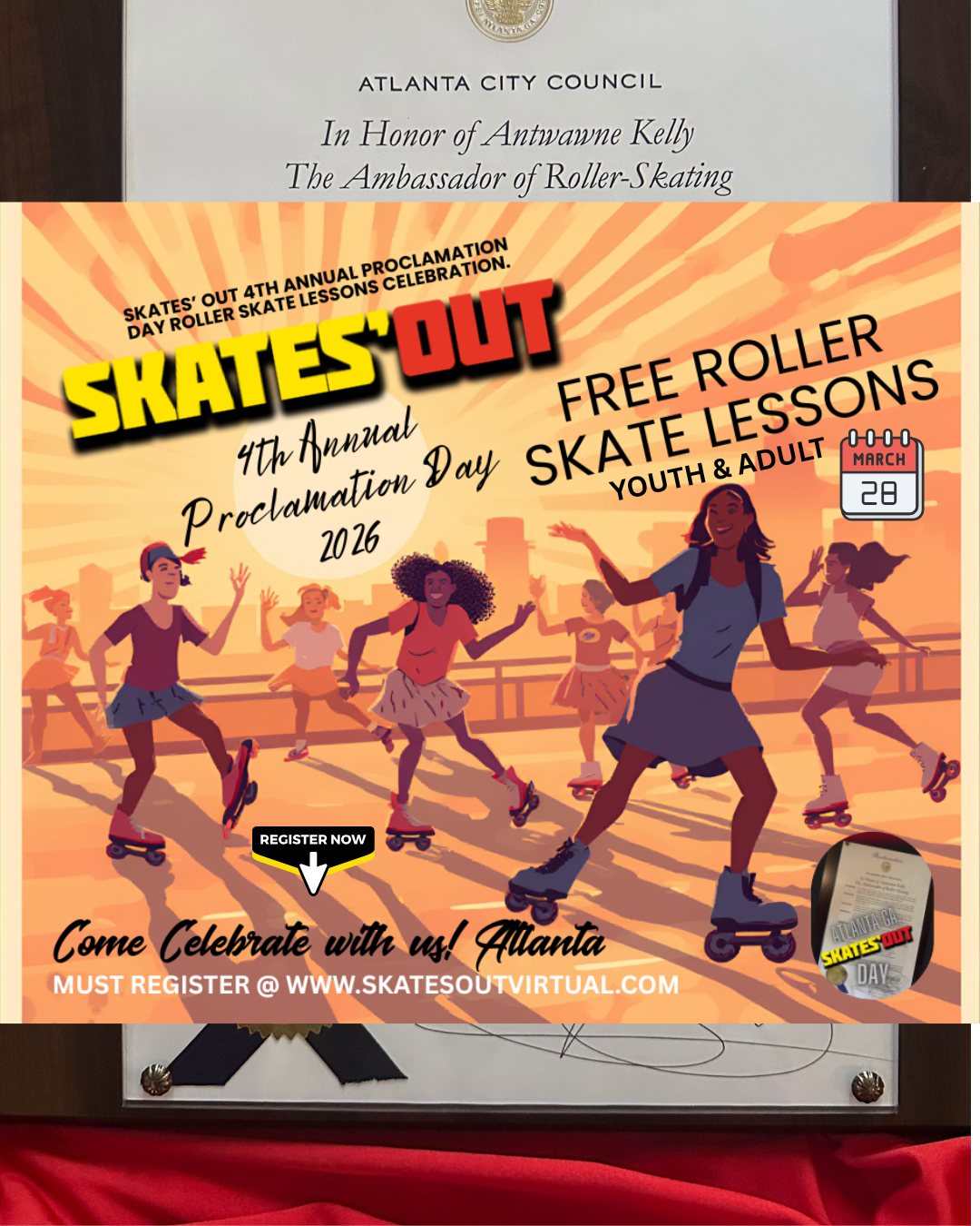 SKATES OUT 4TH ANNUAL PROCLAMATION DAY 2026 FREE ROLLER SKATE LESSONS MARCH 28, 2026 ONLY