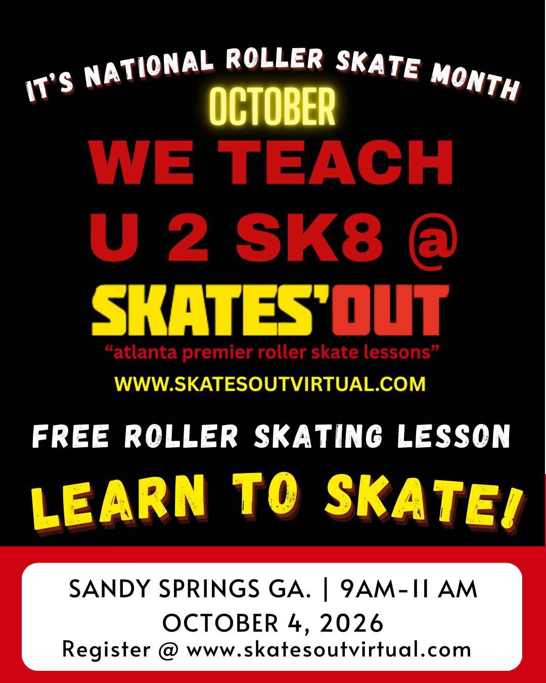 October National Roller Skate Month FREE LESSONS ( Sandy Springs GA ) Oct 4, 2026